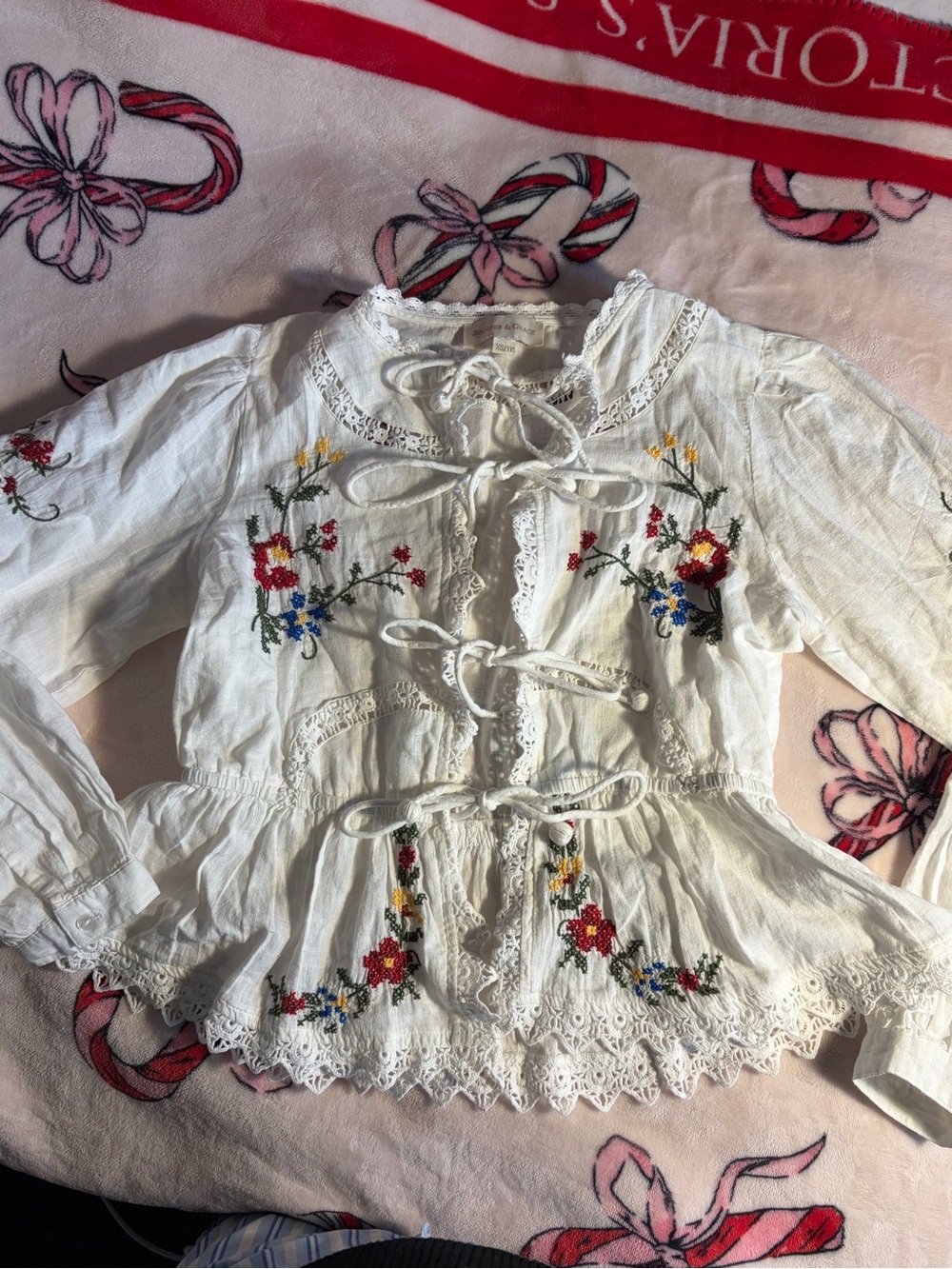 White Embroidered Peasant Blouse with Floral Tie Front